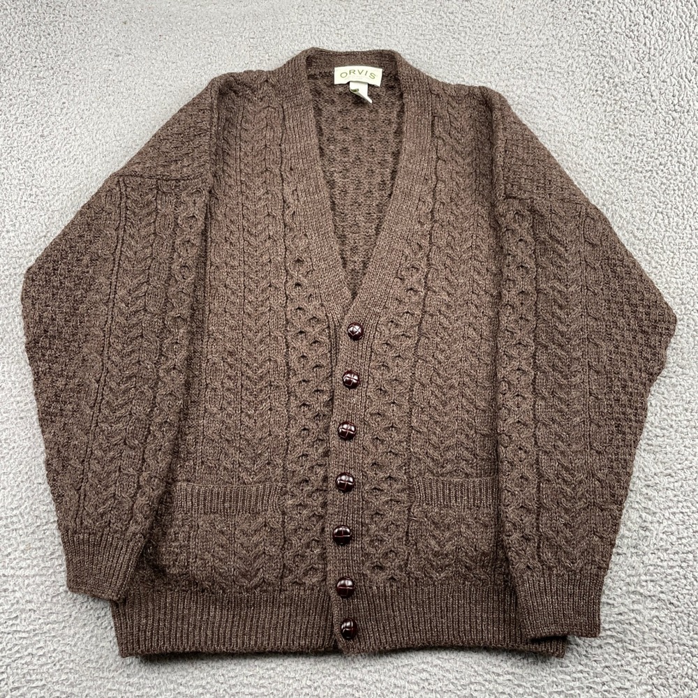 Orvis 100% Wool Cardigan Sweater Cable Knit Pockets Fisherman Ireland Men's XL